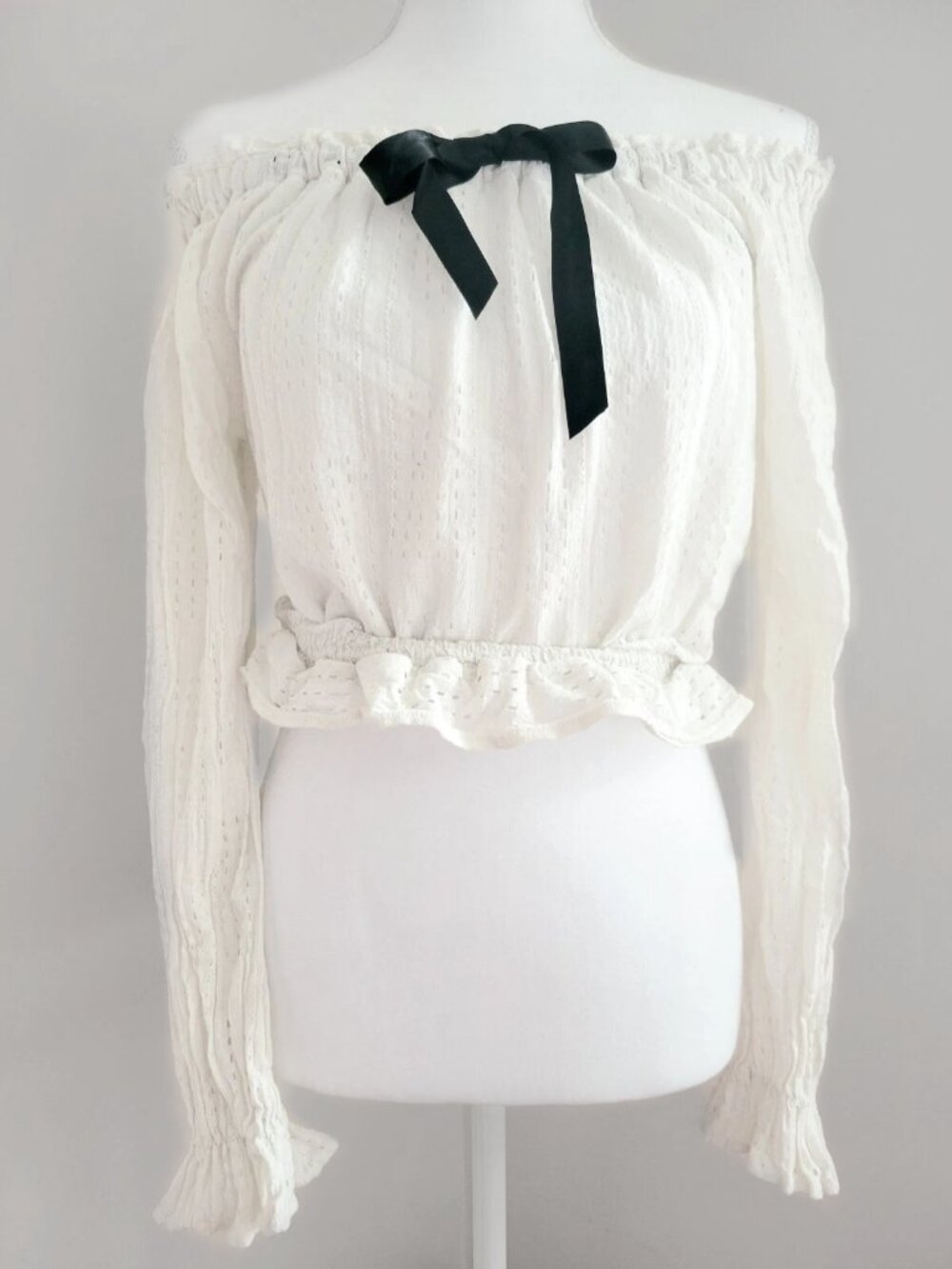 ANK ROUGE White Cotton 2-Way Cropped Long Sleeve Blouse w/ Ribbon
